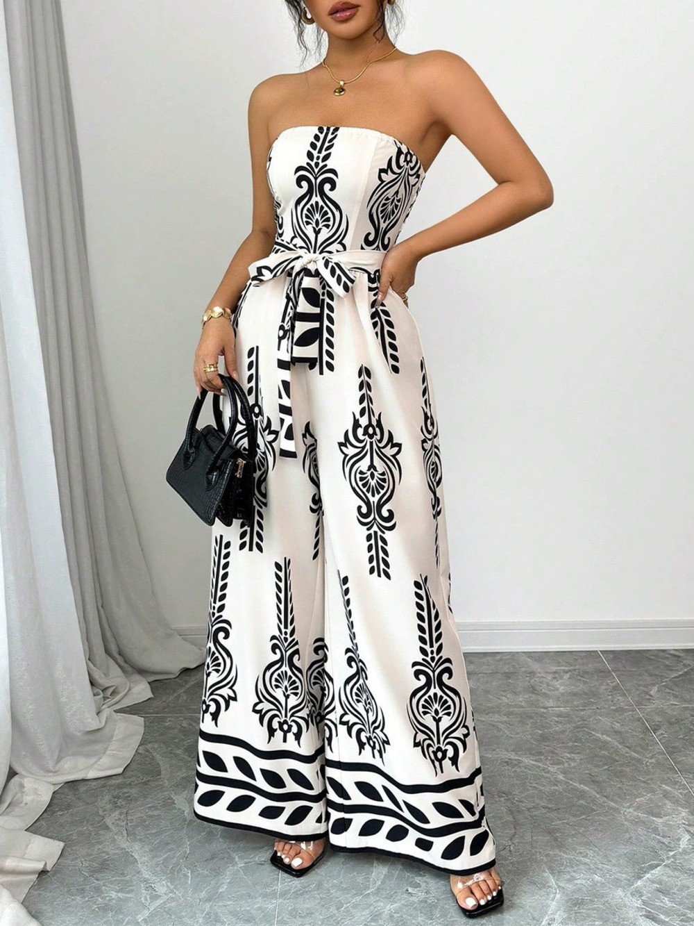 ZARA Spring Summer Printed Wide Leg Slim Tie Jumpsuit